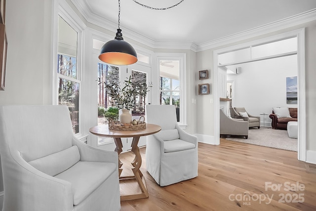 sitting room with light wood finished floors, crown molding, and baseboards