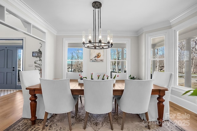 dining area featuring a notable chandelier, wood finished floors, and ornamental molding