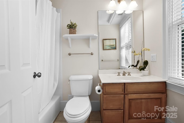 bathroom with tile patterned flooring, toilet, vanity, and shower / bathtub combination with curtain