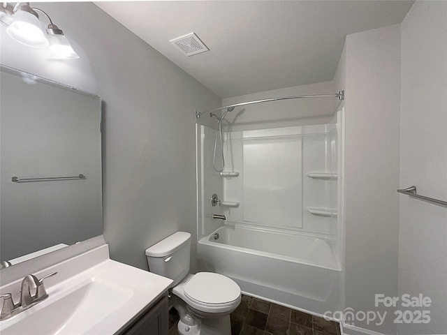 full bathroom featuring toilet, bathing tub / shower combination, visible vents, and vanity