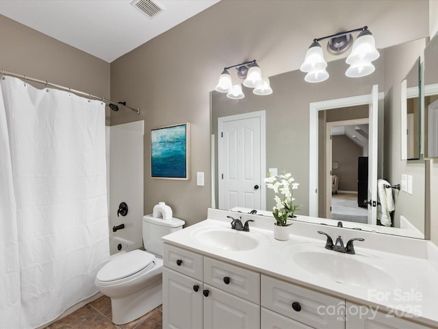 bathroom with double vanity, visible vents, shower / bathtub combination with curtain, and a sink