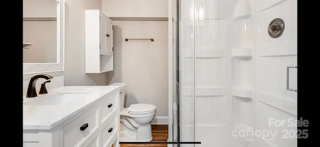 bathroom with vanity, walk in shower, and toilet