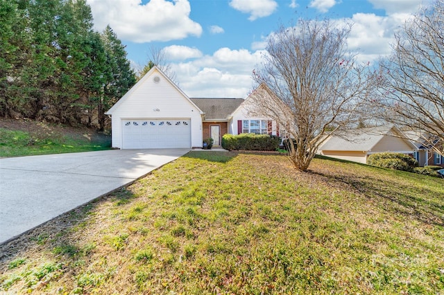 ranch-style house with a garage, a front lawn, concrete driveway, and brick siding