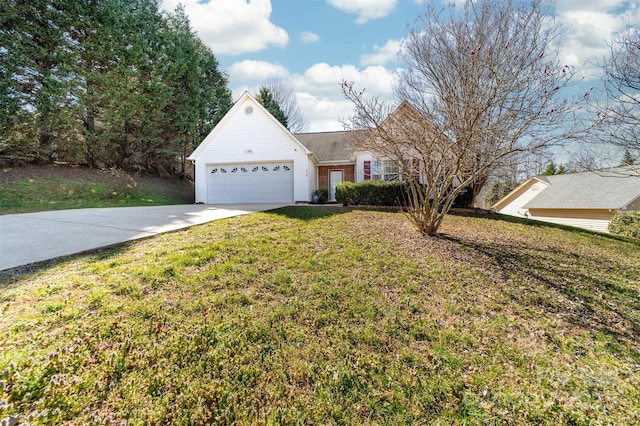 ranch-style house with a front lawn, brick siding, driveway, and an attached garage