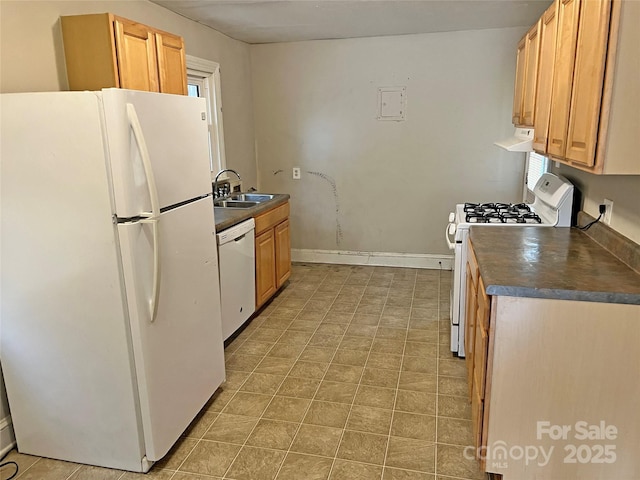 kitchen with dark countertops, white appliances, a sink, and extractor fan