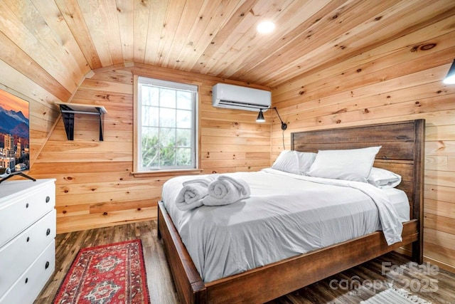 bedroom with a wall mounted air conditioner, wood finished floors, wooden ceiling, and wood walls