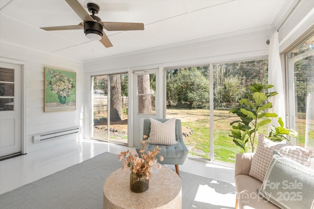 sunroom / solarium featuring baseboard heating and ceiling fan