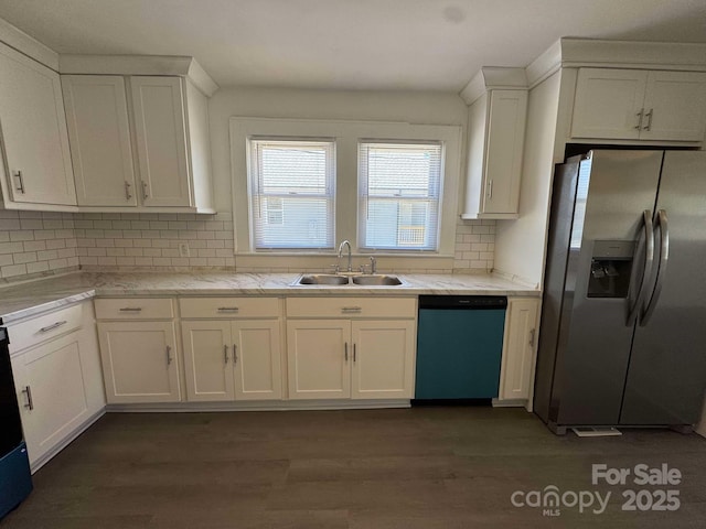 kitchen featuring dishwashing machine, a sink, white cabinetry, light countertops, and stainless steel refrigerator with ice dispenser