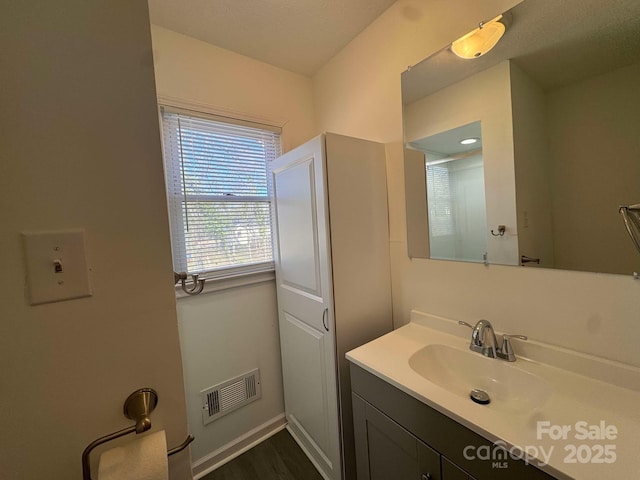 bathroom with visible vents, vanity, and baseboards