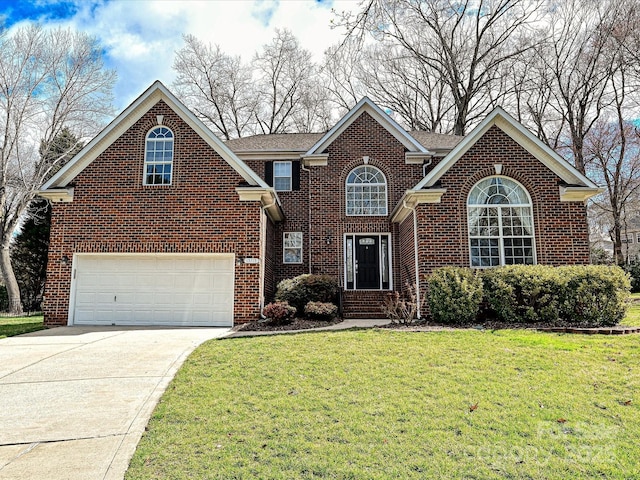 traditional-style house featuring brick siding, roof with shingles, a front yard, a garage, and driveway