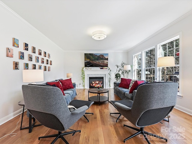 living room featuring a glass covered fireplace, wood finished floors, and crown molding