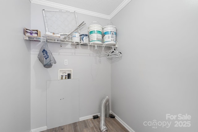 6 Clark Meadow Ln, Candler, NC 28715 - clothes washing area featuring crown molding, hookup for a washing machine, baseboards, wood finished floors, and laundry area
