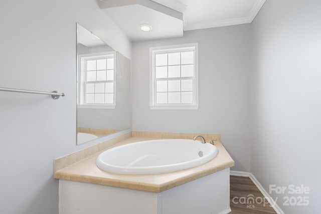 6 Clark Meadow Ln, Candler, NC 28715 - bathroom with a bath, baseboards, wood finished floors, and crown molding