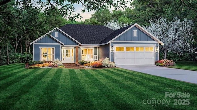 craftsman-style house featuring an attached garage, driveway, board and batten siding, and a front yard