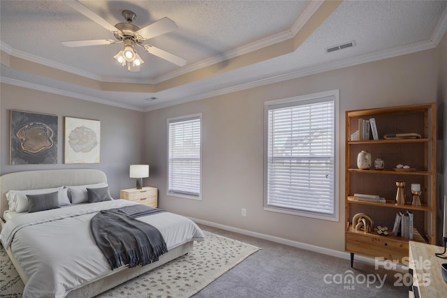 bedroom with a textured ceiling, baseboards, a raised ceiling, and carpet flooring