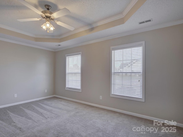 spare room featuring a tray ceiling, visible vents, carpet flooring, a textured ceiling, and baseboards