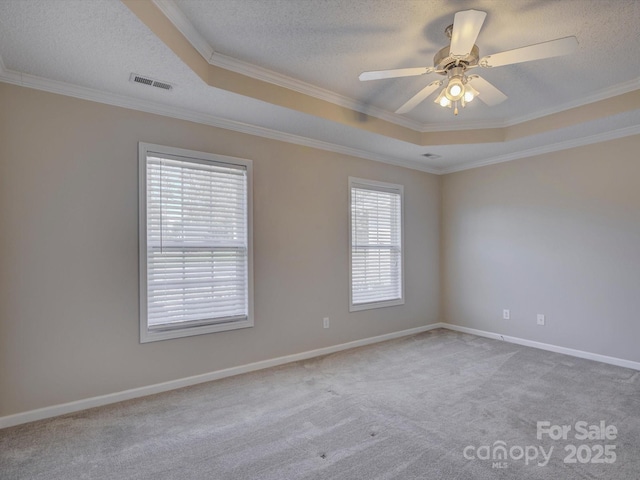 spare room featuring carpet, visible vents, a textured ceiling, and a tray ceiling