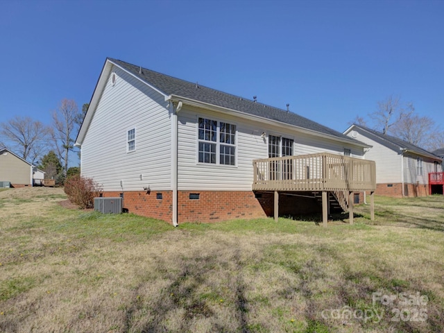 back of house featuring a deck, a yard, crawl space, and cooling unit