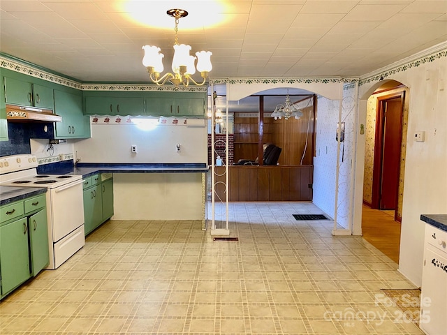 kitchen with arched walkways, electric range, an inviting chandelier, green cabinetry, and under cabinet range hood