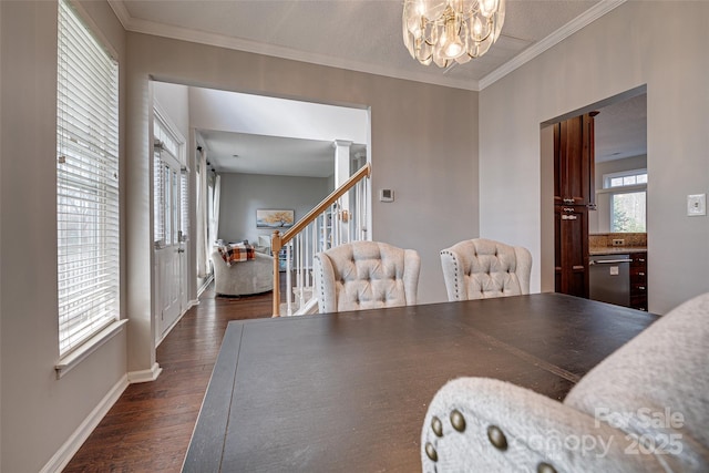 dining room with baseboards, stairway, ornamental molding, dark wood-type flooring, and a notable chandelier