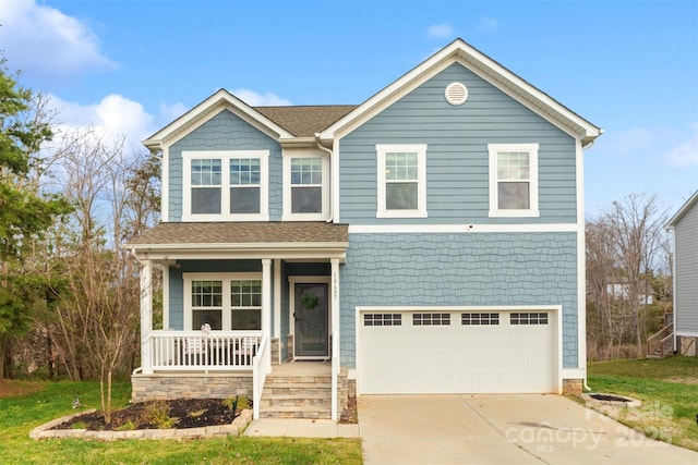 view of front of home featuring covered porch, driveway, roof with shingles, and an attached garage