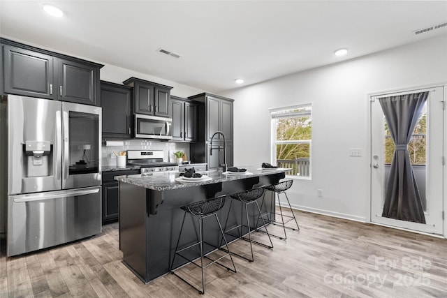 kitchen with appliances with stainless steel finishes, a breakfast bar, visible vents, and an island with sink