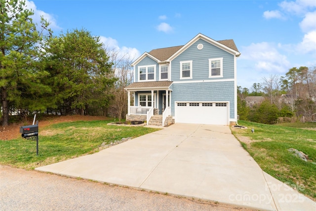 traditional-style home with a shingled roof, concrete driveway, a porch, an attached garage, and a front lawn