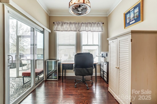 office featuring wine cooler, ornamental molding, and dark wood-style flooring