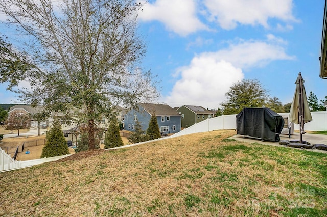 view of yard with a fenced backyard and a residential view