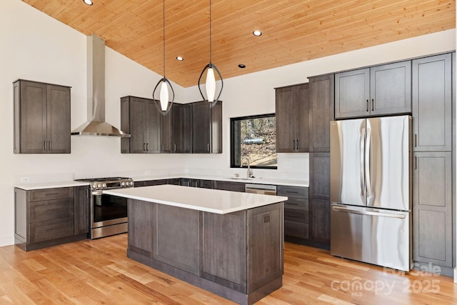 kitchen featuring wood ceiling, a kitchen island, appliances with stainless steel finishes, wall chimney range hood, and high vaulted ceiling