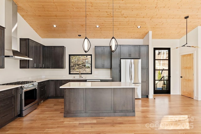 kitchen featuring light countertops, appliances with stainless steel finishes, a kitchen island, wooden ceiling, and wall chimney exhaust hood