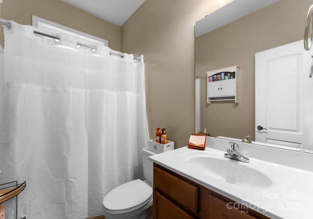 full bath featuring toilet, vanity, and a shower with shower curtain