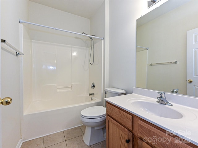 full bathroom with tile patterned floors, shower / bathtub combination, toilet, and vanity