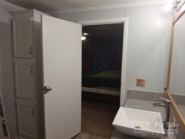 bathroom with ornamental molding, a sink, a textured ceiling, and wood finished floors