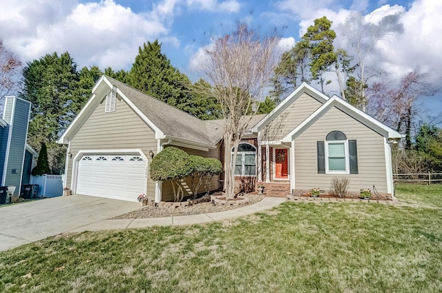 single story home featuring a front lawn, fence, a garage, and driveway