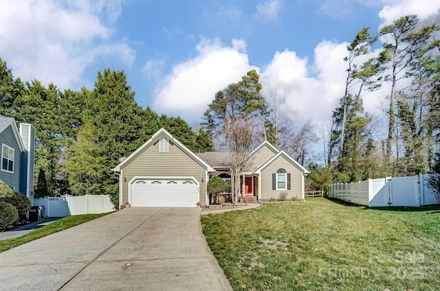 single story home with a front lawn, a gate, fence, and driveway