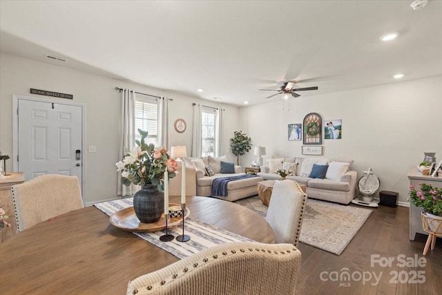 dining area with ceiling fan, visible vents, wood finished floors, and recessed lighting