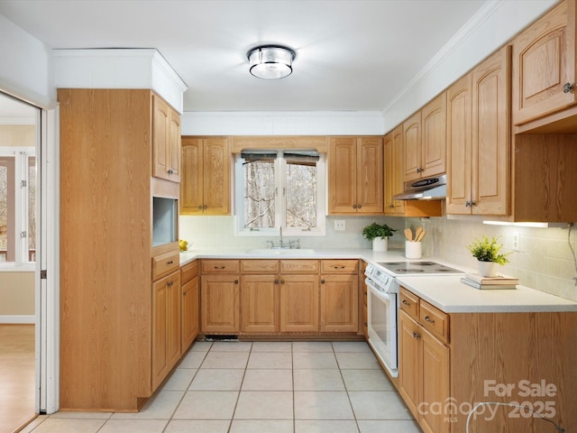 kitchen featuring crown molding, under cabinet range hood, light countertops, white electric stove, and a sink