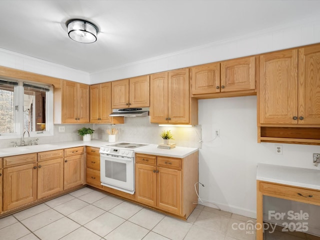 kitchen with white range with electric cooktop, a sink, light countertops, under cabinet range hood, and tasteful backsplash