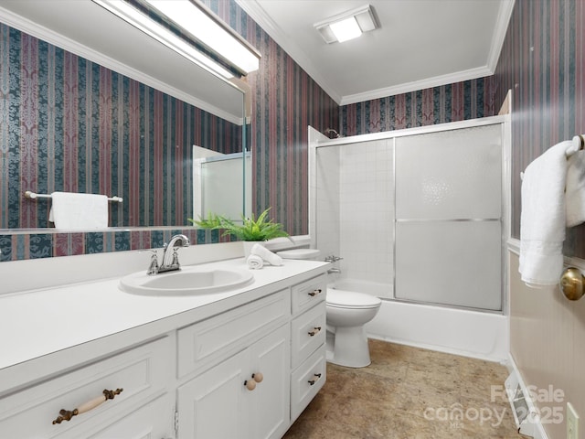 bathroom featuring vanity, toilet, crown molding, and wallpapered walls