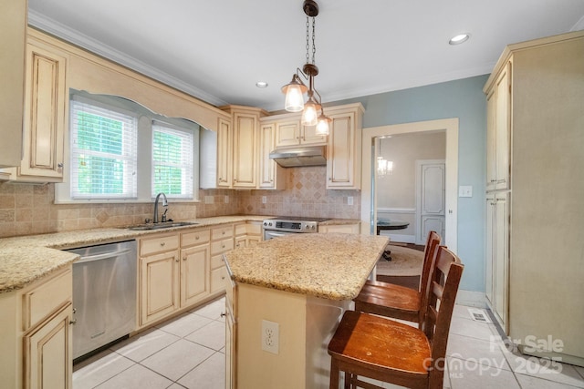 kitchen featuring light tile patterned floors, stainless steel appliances, tasteful backsplash, a sink, and under cabinet range hood