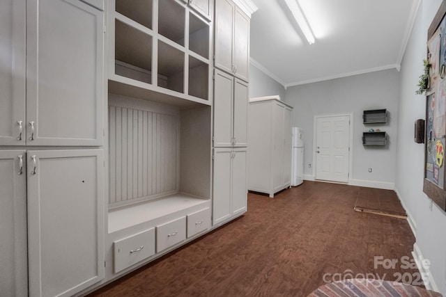 interior space featuring ornamental molding, dark wood-type flooring, and baseboards