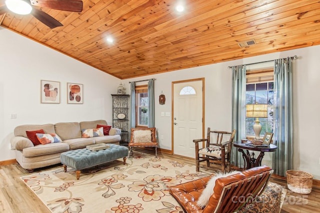 living room featuring wood ceiling, visible vents, vaulted ceiling, baseboards, and light wood-type flooring