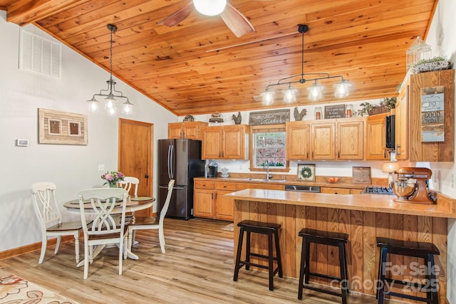 kitchen with light wood-style flooring, a peninsula, a sink, visible vents, and appliances with stainless steel finishes