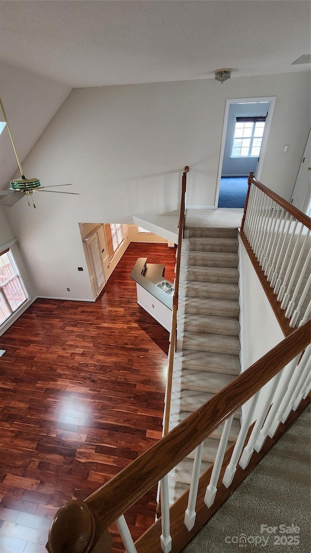 stairway featuring lofted ceiling and wood finished floors