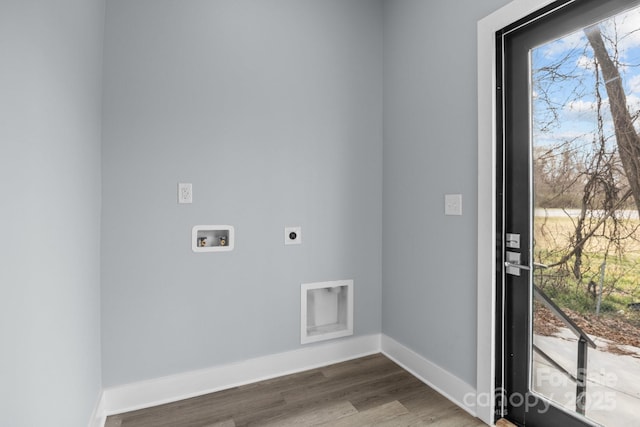 laundry area with hookup for an electric dryer, laundry area, washer hookup, wood finished floors, and baseboards