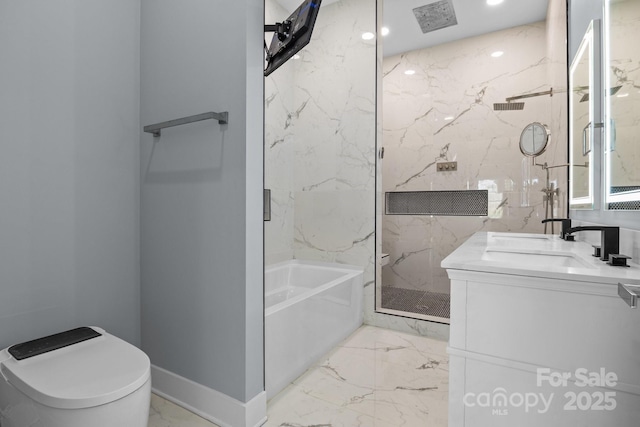 full bath featuring marble finish floor, a marble finish shower, toilet, baseboards, and a bath