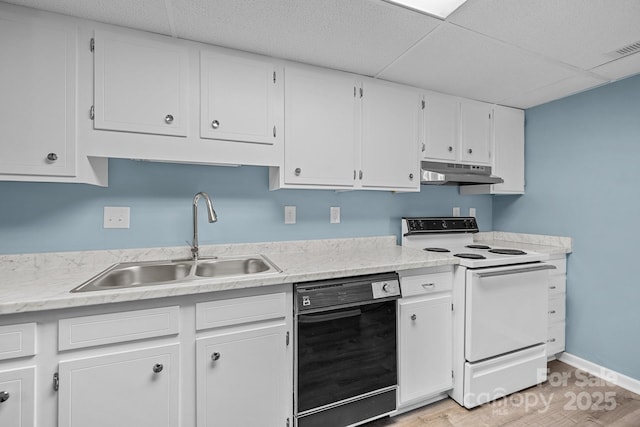 kitchen with white range with electric stovetop, white cabinets, a sink, dishwasher, and under cabinet range hood