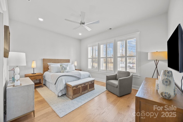 bedroom with visible vents, baseboards, light wood-style flooring, recessed lighting, and ceiling fan