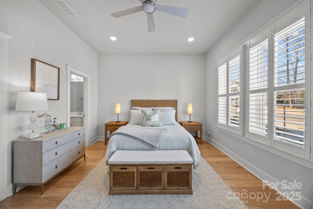 bedroom featuring visible vents, recessed lighting, baseboards, and light wood finished floors